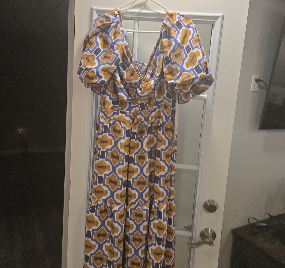 Anthropologie Blue and Yellow Geometric Puff-Sleeve Maxi Dress